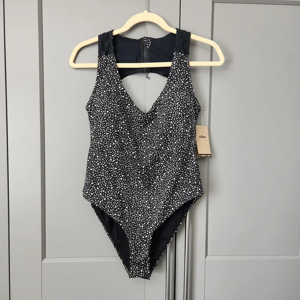 New Nike Swim Women's Wild Dots High Neck Cut-Out One Piece Swimsuit Large L